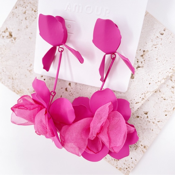 Pink Flower Statement Earrings - Picture 4 of 5